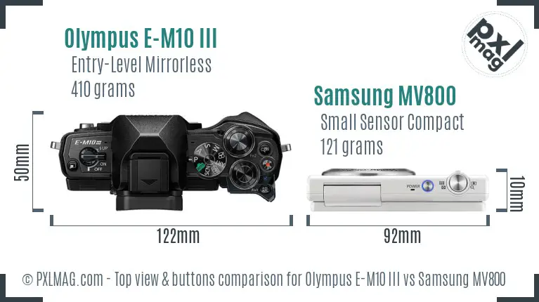 Olympus E-M10 III vs Samsung MV800 top view buttons comparison