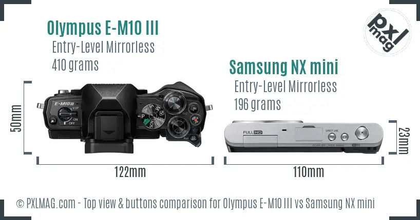 Olympus E-M10 III vs Samsung NX mini top view buttons comparison