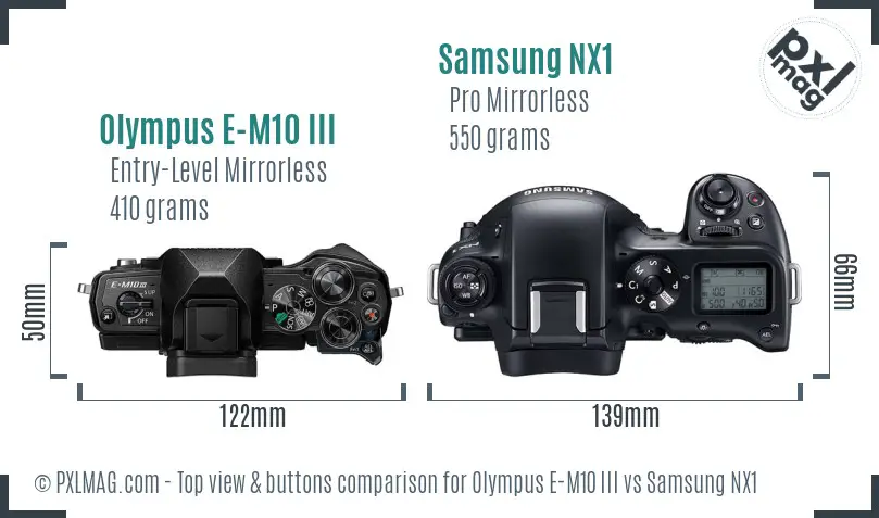 Olympus E-M10 III vs Samsung NX1 top view buttons comparison