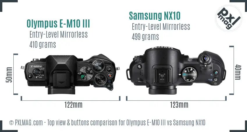 Olympus E-M10 III vs Samsung NX10 top view buttons comparison