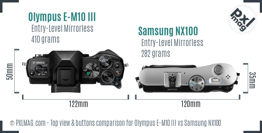 Olympus E-M10 III vs Samsung NX100 top view buttons comparison