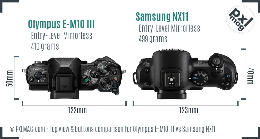 Olympus E-M10 III vs Samsung NX11 top view buttons comparison