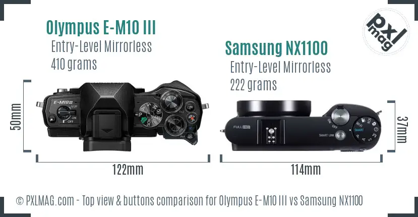 Olympus E-M10 III vs Samsung NX1100 top view buttons comparison