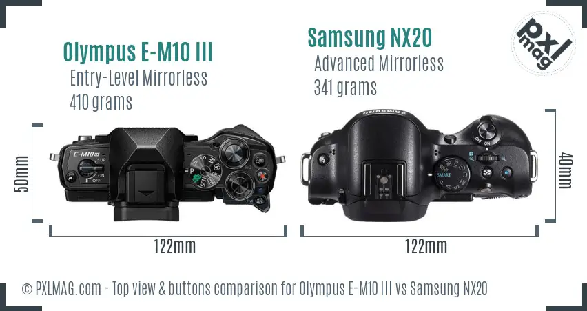 Olympus E-M10 III vs Samsung NX20 top view buttons comparison