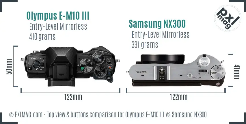 Olympus E-M10 III vs Samsung NX300 top view buttons comparison Olympus E-M10 III vs Samsung NX300 top view buttons comparison