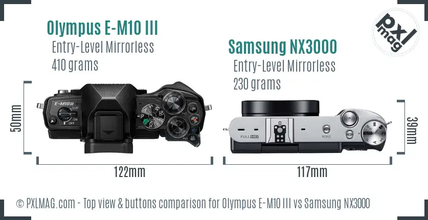 Olympus E-M10 III vs Samsung NX3000 top view buttons comparison