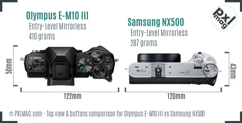 Olympus E-M10 III vs Samsung NX500 top view buttons comparison