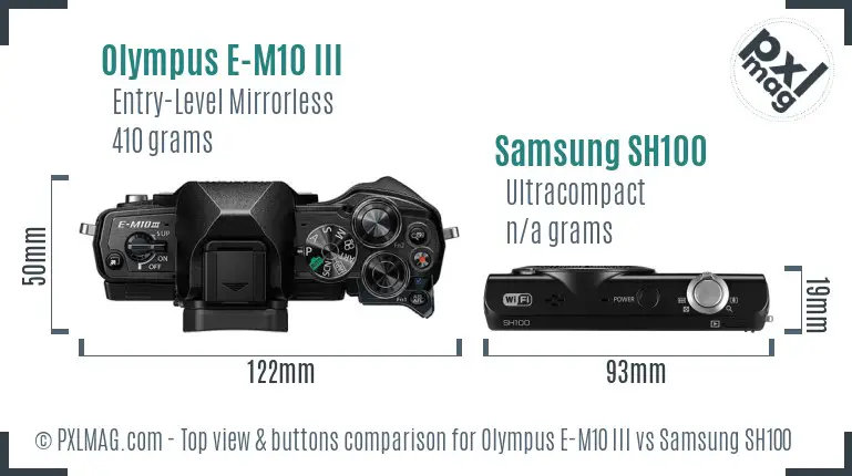 Olympus E-M10 III vs Samsung SH100 top view buttons comparison