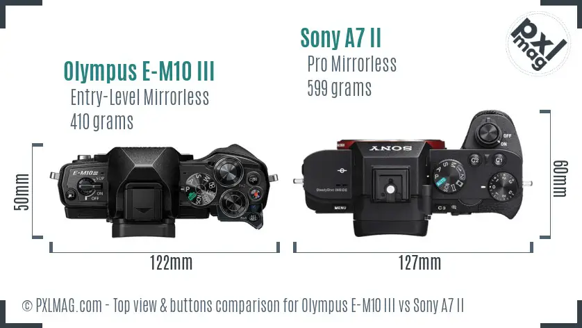 Olympus E-M10 III vs Sony A7 II top view buttons comparison