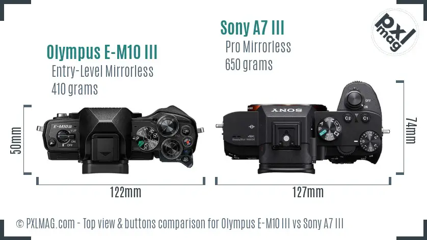 Olympus E-M10 III vs Sony A7 III top view buttons comparison