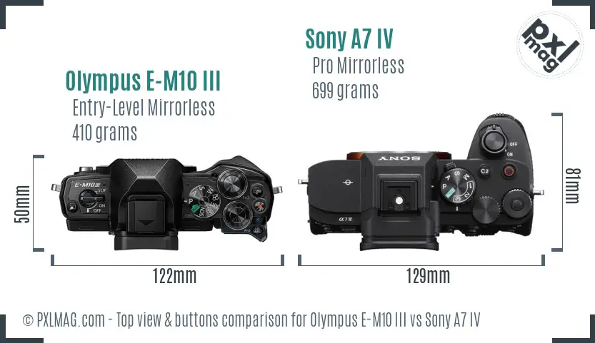 Olympus E-M10 III vs Sony A7 IV top view buttons comparison