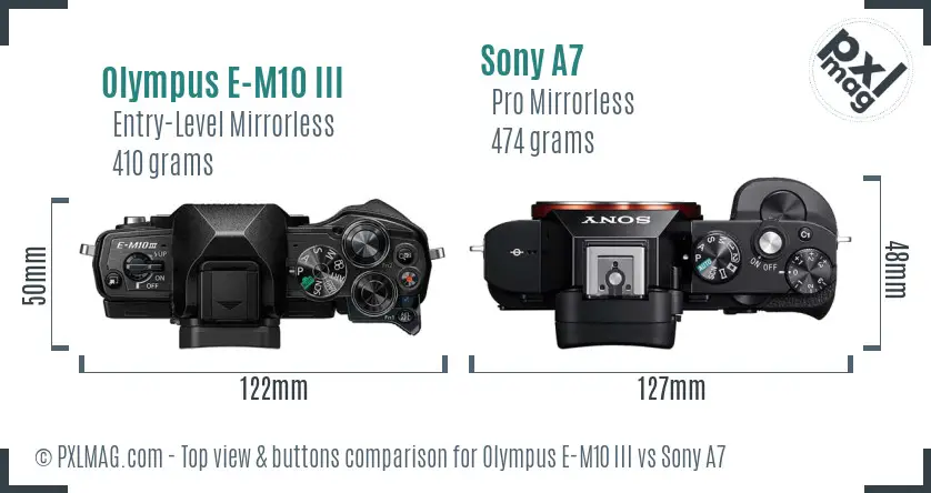 Olympus E-M10 III vs Sony A7 top view buttons comparison