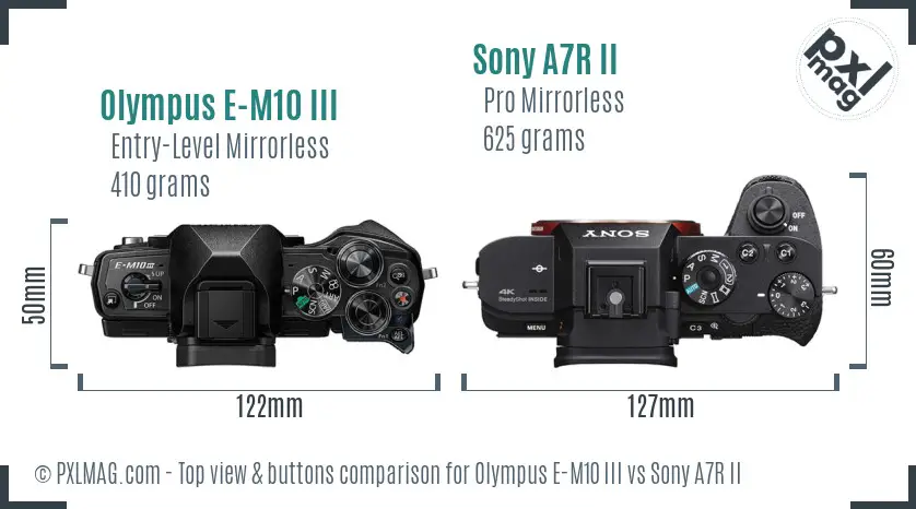 Olympus E-M10 III vs Sony A7R II top view buttons comparison