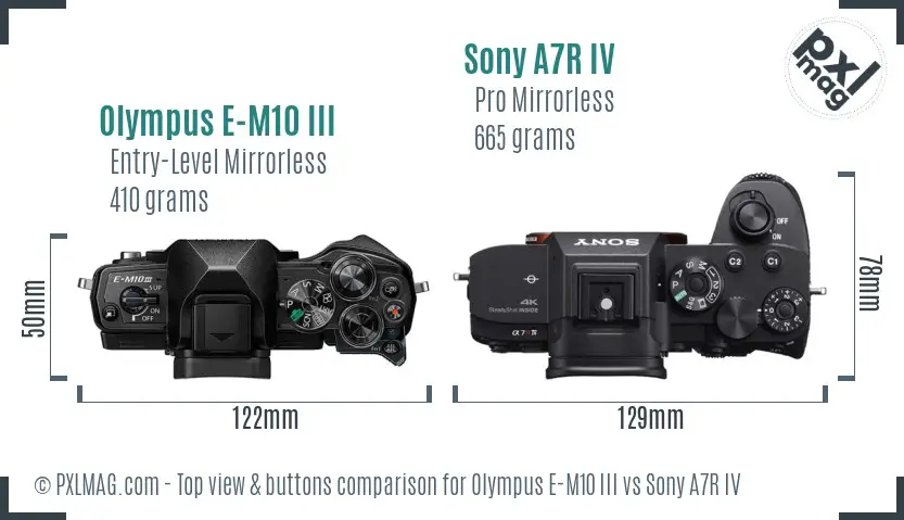 Olympus E-M10 III vs Sony A7R IV top view buttons comparison