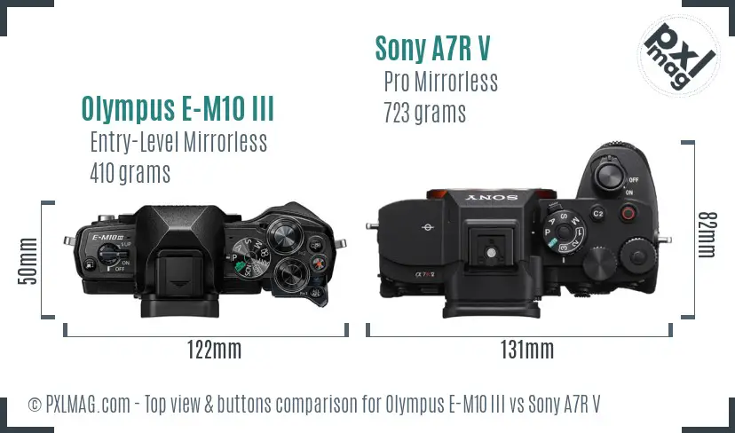 Olympus E-M10 III vs Sony A7R V top view buttons comparison