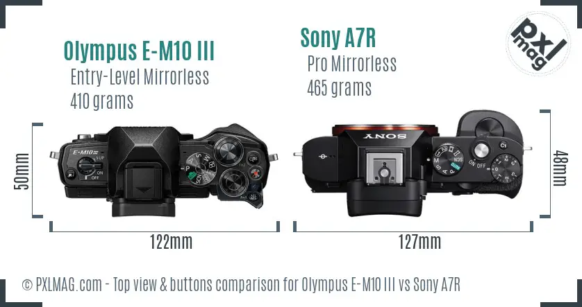 Olympus E-M10 III vs Sony A7R top view buttons comparison