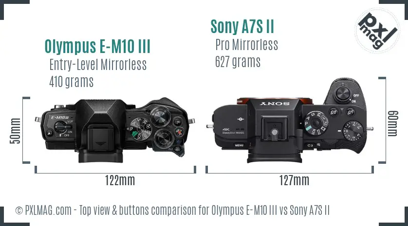 Olympus E-M10 III vs Sony A7S II top view buttons comparison Olympus E-M10 III vs Sony A7S II top view buttons comparison