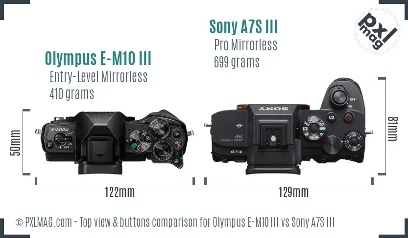 Olympus E-M10 III vs Sony A7S III top view buttons comparison Olympus E-M10 III vs Sony A7S III top view buttons comparison