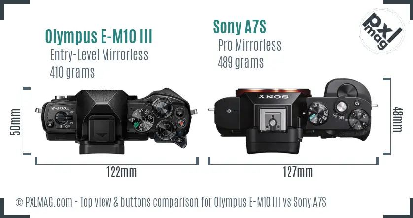 Olympus E-M10 III vs Sony A7S top view buttons comparison