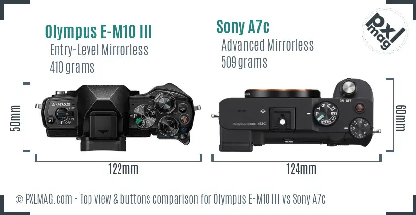Olympus E-M10 III vs Sony A7c top view buttons comparison