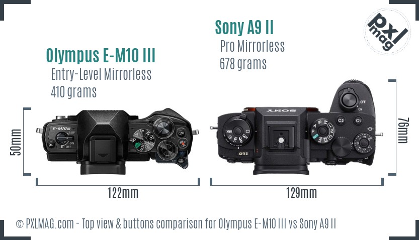 Olympus E-M10 III vs Sony A9 II top view buttons comparison