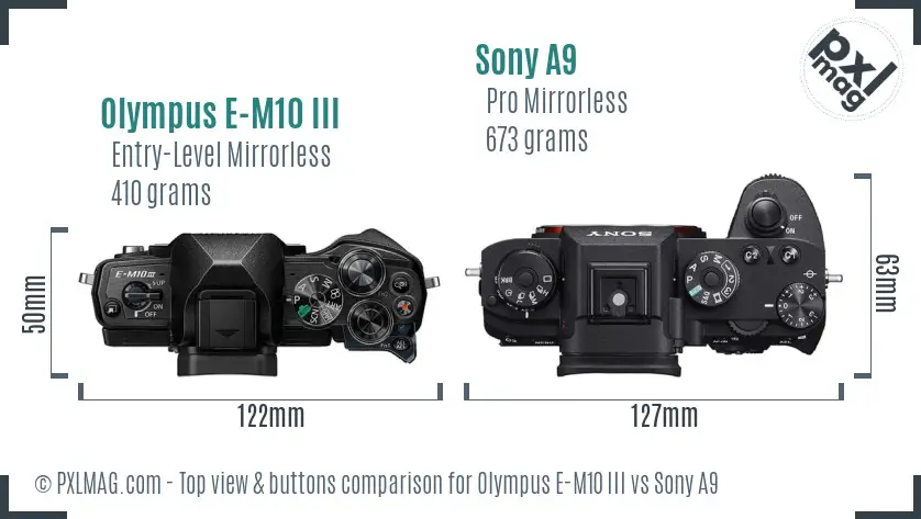 Olympus E-M10 III vs Sony A9 top view buttons comparison