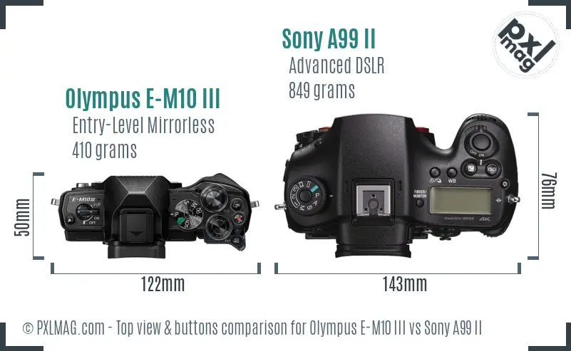 Olympus E-M10 III vs Sony A99 II top view buttons comparison