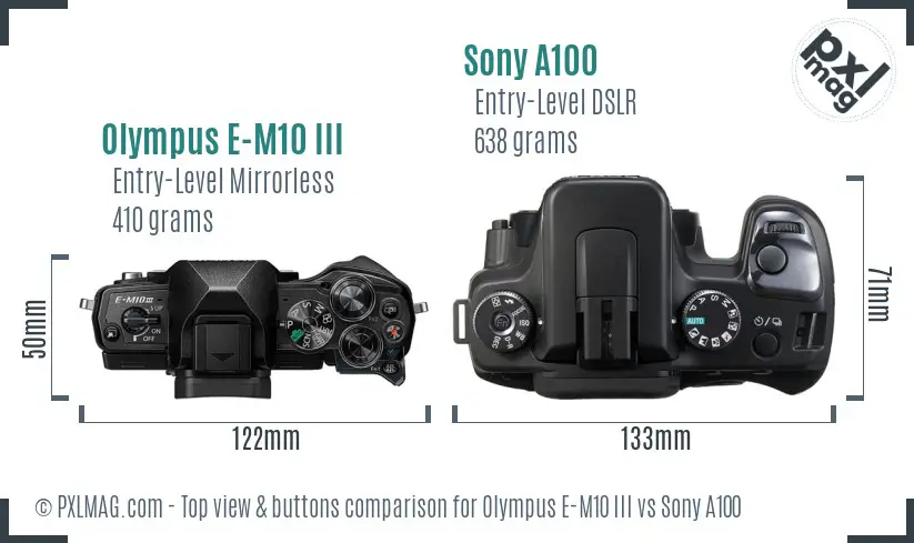 Olympus E-M10 III vs Sony A100 top view buttons comparison