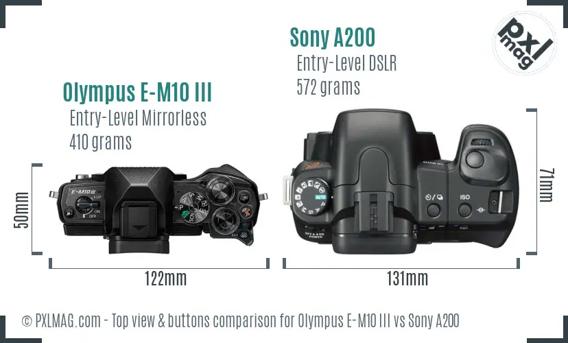 Olympus E-M10 III vs Sony A200 top view buttons comparison