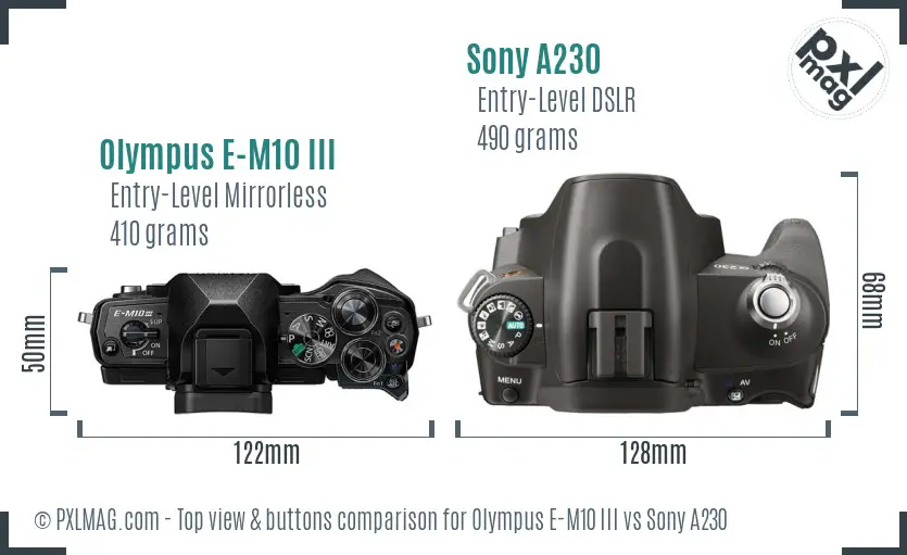 Olympus E-M10 III vs Sony A230 top view buttons comparison