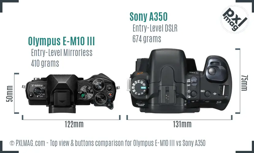 Olympus E-M10 III vs Sony A350 top view buttons comparison