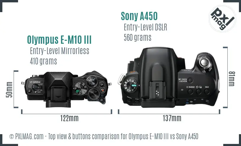 Olympus E-M10 III vs Sony A450 top view buttons comparison