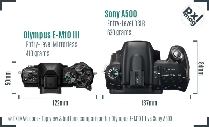 Olympus E-M10 III vs Sony A500 top view buttons comparison