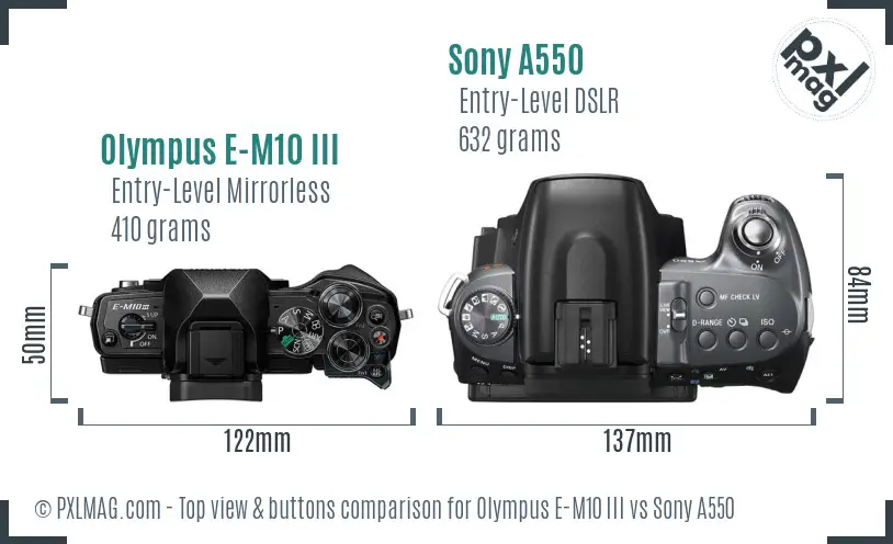 Olympus E-M10 III vs Sony A550 top view buttons comparison