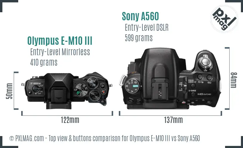 Olympus E-M10 III vs Sony A560 top view buttons comparison