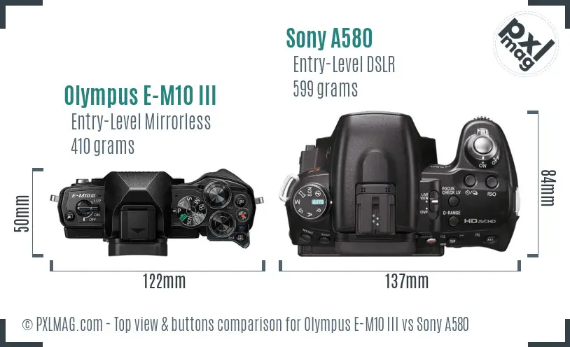 Olympus E-M10 III vs Sony A580 top view buttons comparison