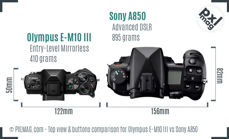 Olympus E-M10 III vs Sony A850 top view buttons comparison