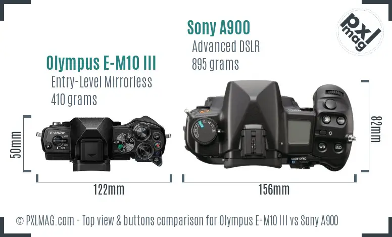 Olympus E-M10 III vs Sony A900 top view buttons comparison