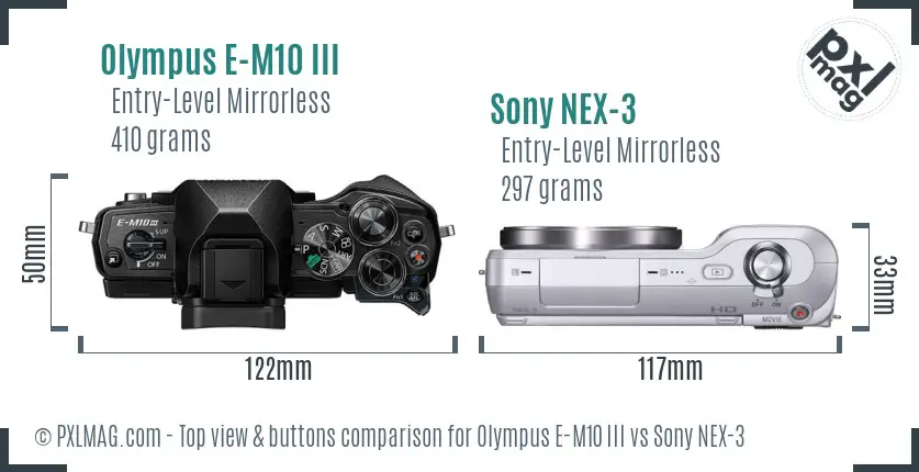 Olympus E-M10 III vs Sony NEX-3 top view buttons comparison
