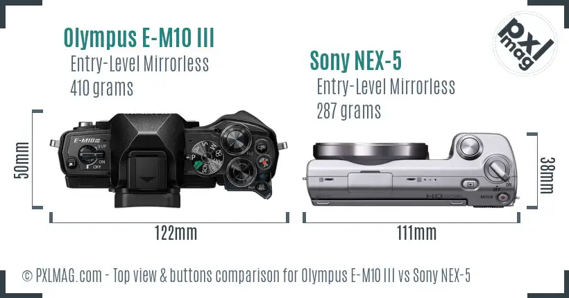Olympus E-M10 III vs Sony NEX-5 top view buttons comparison