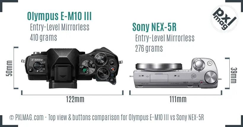 Olympus E-M10 III vs Sony NEX-5R top view buttons comparison