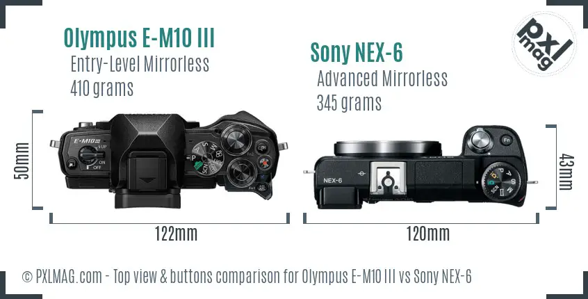 Olympus E-M10 III vs Sony NEX-6 top view buttons comparison