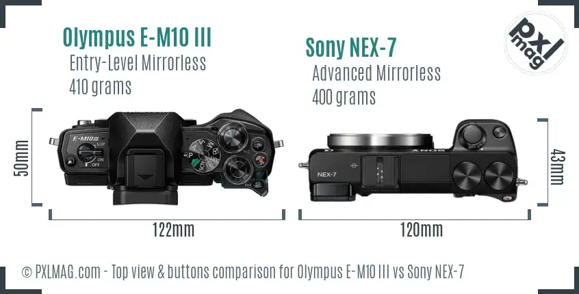 Olympus E-M10 III vs Sony NEX-7 top view buttons comparison