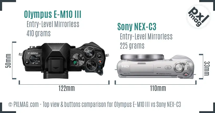 Olympus E-M10 III vs Sony NEX-C3 top view buttons comparison