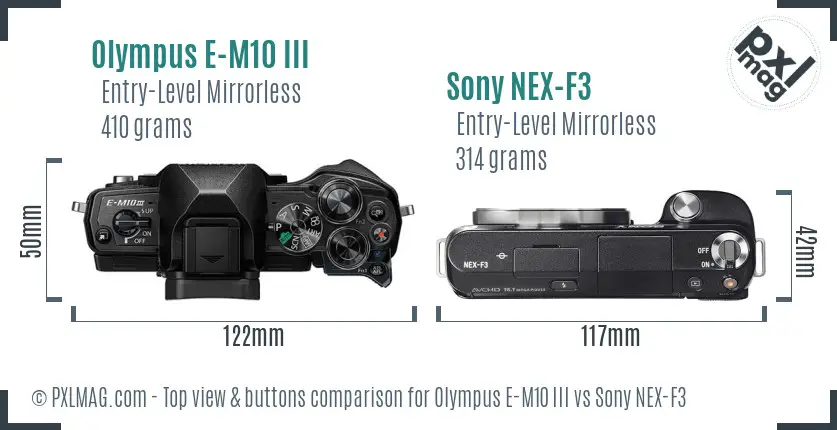 Olympus E-M10 III vs Sony NEX-F3 top view buttons comparison