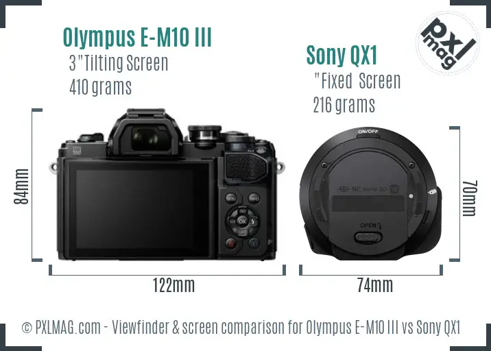 Olympus E-M10 III vs Sony QX1 Screen and Viewfinder comparison