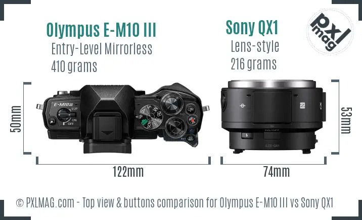 Olympus E-M10 III vs Sony QX1 top view buttons comparison