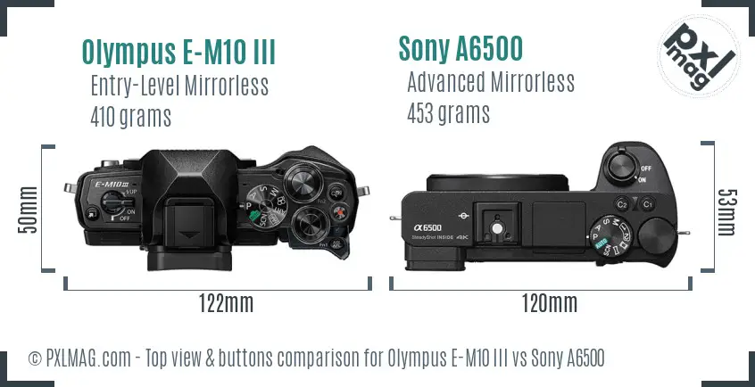 Olympus E-M10 III vs Sony A6500 top view buttons comparison
