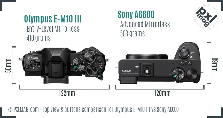 Olympus E-M10 III vs Sony A6600 top view buttons comparison