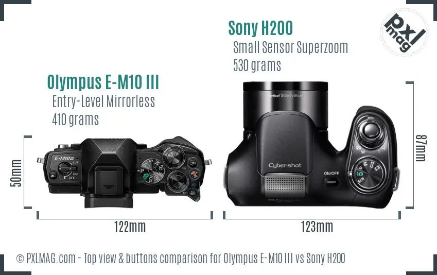 Olympus E-M10 III vs Sony H200 top view buttons comparison